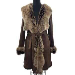 Korean Brown Penny Lane Coats Suede Shearling Belted Shawl Collar Size Medium M